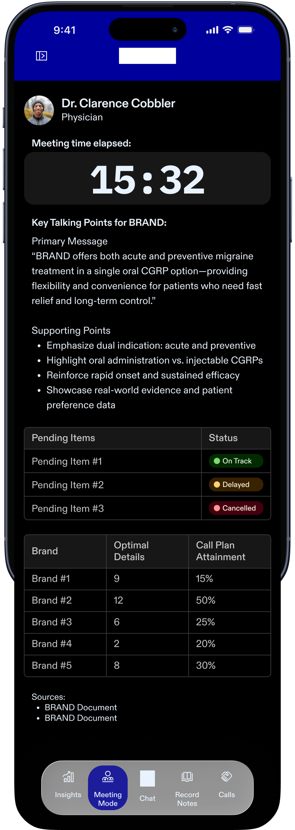 Meeting Mode screen design embedded in iPhone.
