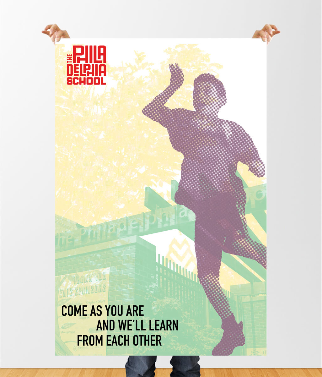 Mockup of a poster of a student playing outside the school with the slogan 'Come as you are, and we'll learn from each other'